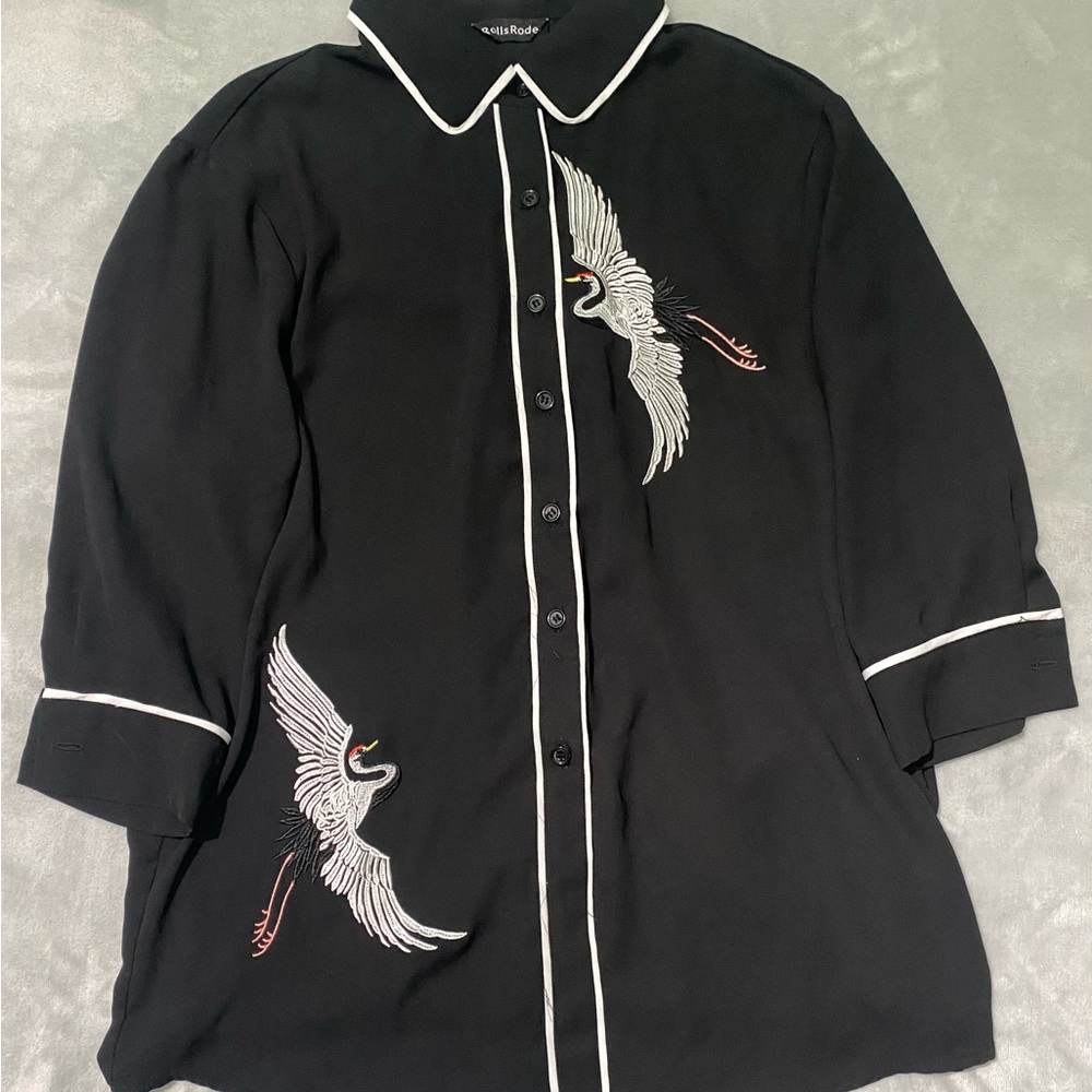 Elegant Black Button Down Shirt with Crane Embroidery